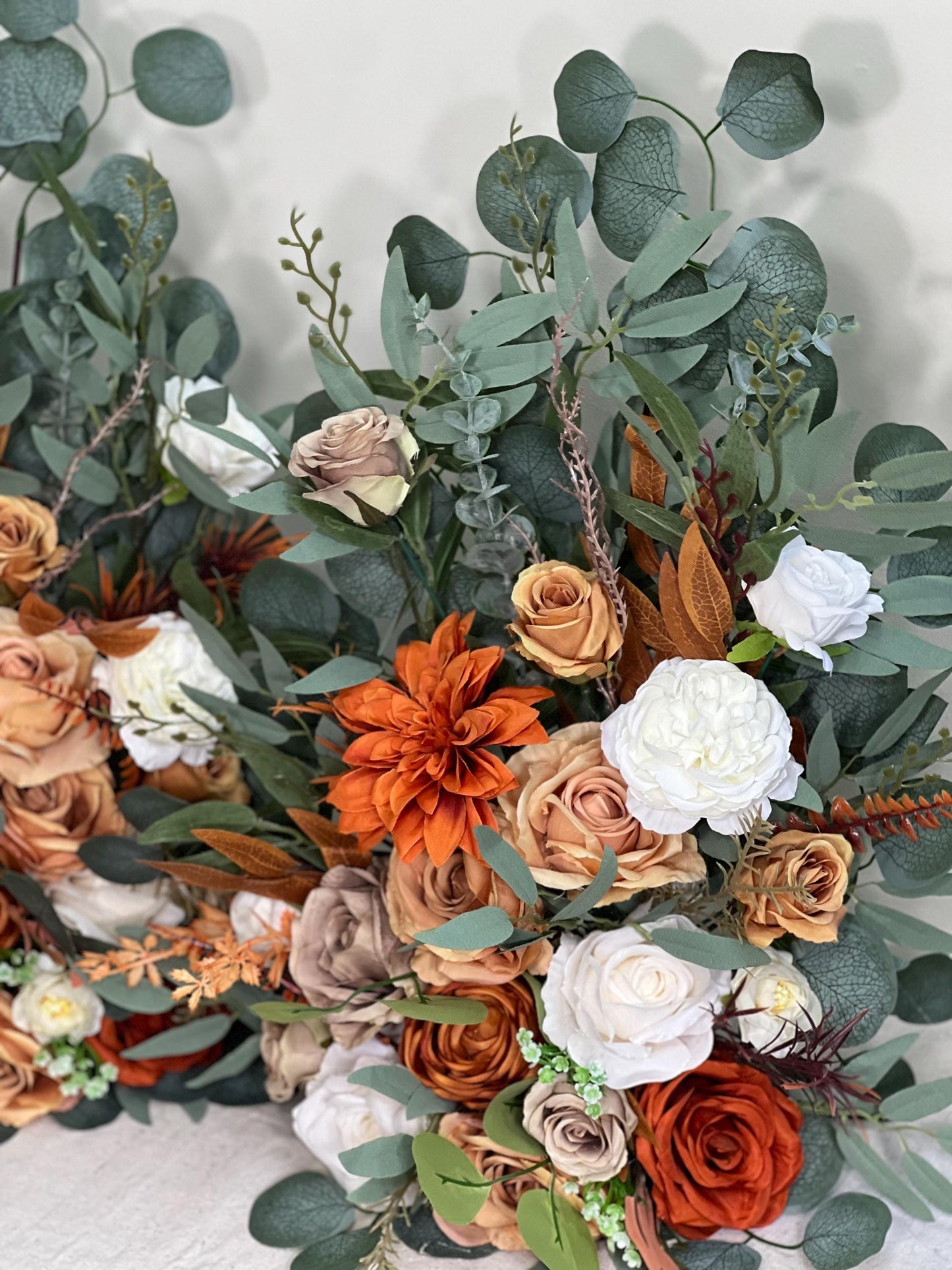 Wedding Aisle Marker Flower Floor Arrangement Whiskey Barrel Décor Burnt Orange Ground Arch White Terracotta Décor Rust Brown Fall Colors