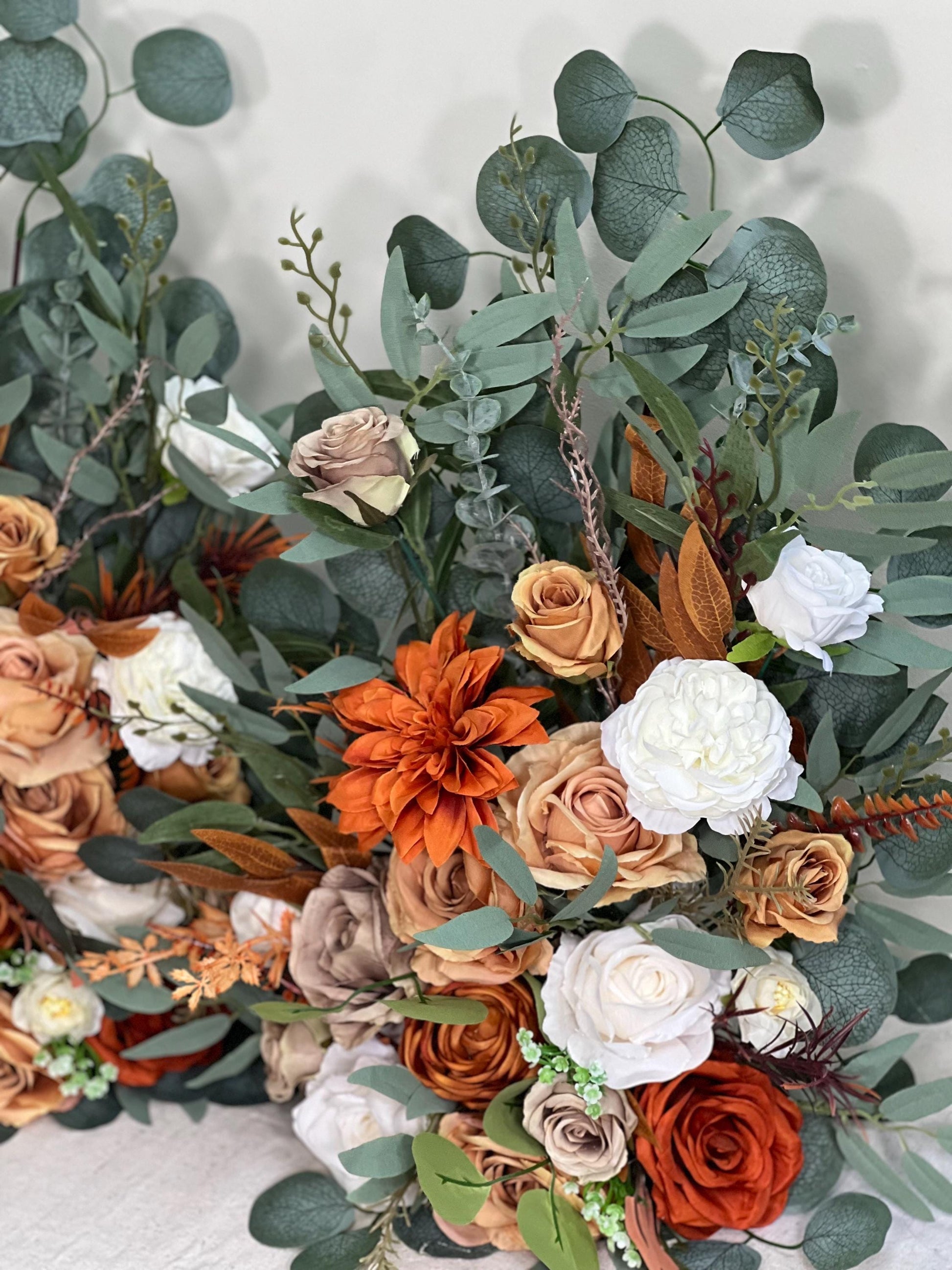 Wedding Aisle Marker Flower Floor Arrangement Whiskey Barrel Décor Burnt Orange Ground Arch White Terracotta Décor Rust Brown Fall Colors