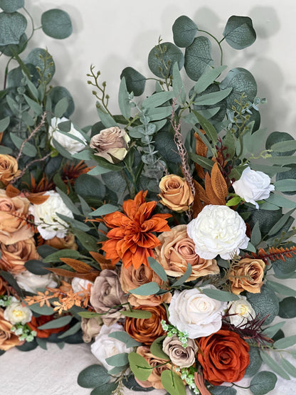 Wedding Aisle Marker Flower Floor Arrangement Whiskey Barrel Décor Burnt Orange Ground Arch White Terracotta Décor Rust Brown Fall Colors