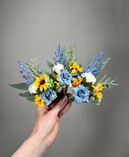 Sunflower Flower Crown Blue Wedding Rustic Yellow Sunflower Flower Crown Bridal Bridesmaids Dusty Blue Baby Breath Artificial Flower White