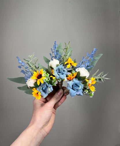 Sunflower Boutonniere Wedding Groom Sunflower Boutonnière Dusty Blue Sunflower Yellow Boho Boutonnière Groomsmen Sunflower Blue Boutonnière