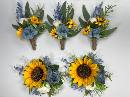 Sunflower Corsage Wedding Dusty Blue Sunflower Wrist Corsage Mom Yellow Sunflower Corsages Blue Sunflower Fall Baby Breath White Corsage