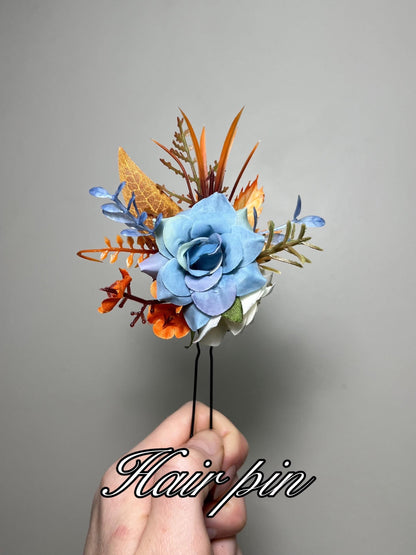 Orange Dusty Blue Bouquet Wedding Boho Terracotta Dusty Blue Bridal Bouquet Burnt Orange Blue Bridesmaids Bouquet Rust Pampas Grass