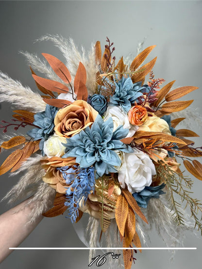 Orange Blue Dusty Bouquet Wedding Boho Terracotta Dusty Blue Bridal Bouquet Burnt Orange Blue Bridesmaids Bouquet Rust Pampas Grass
