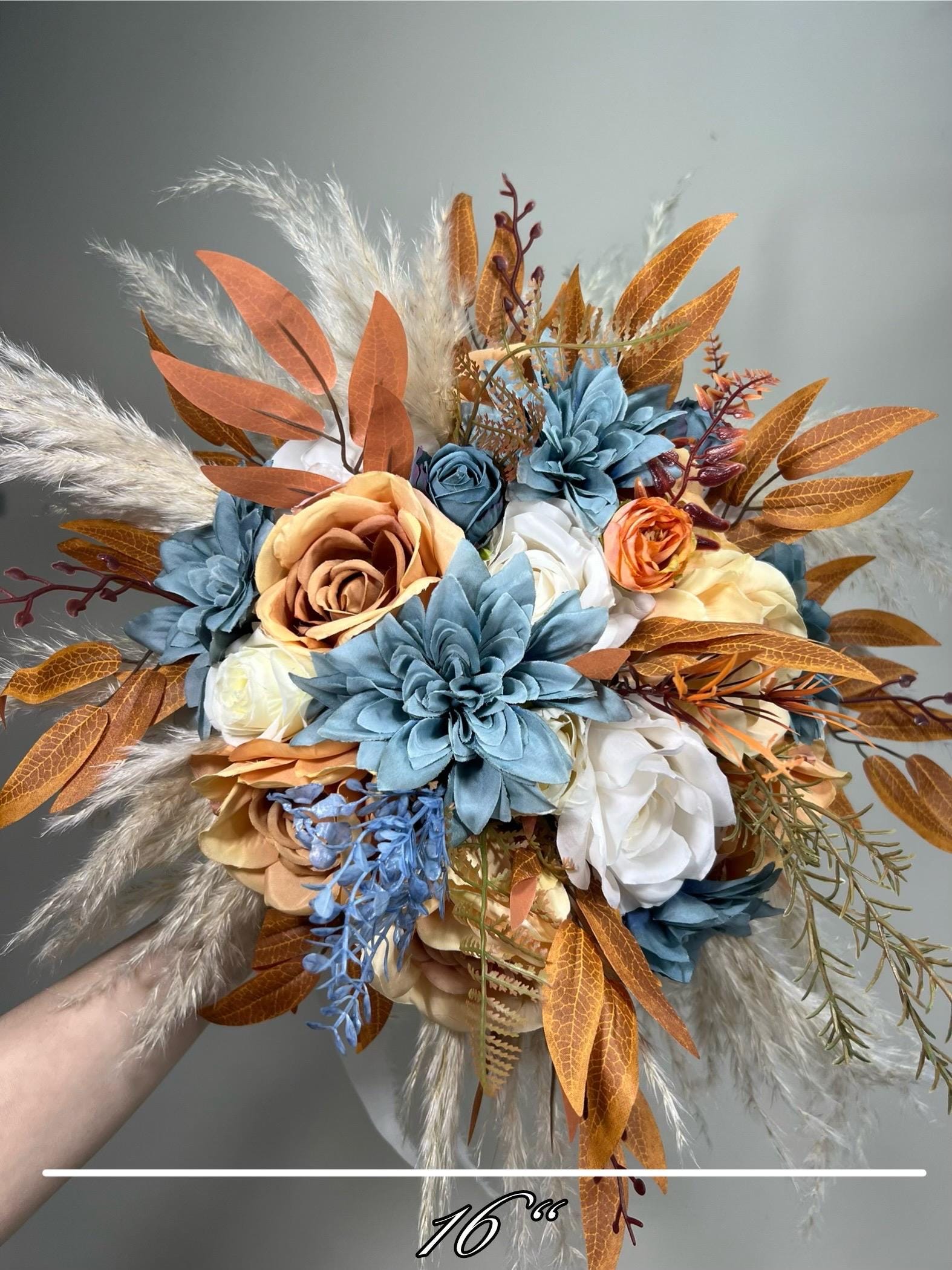 Orange Dusty Blue Bouquet Wedding Boho Terracotta Dusty Blue Bridal Bouquet Burnt Orange Blue Bridesmaids Bouquet Rust Pampas Grass