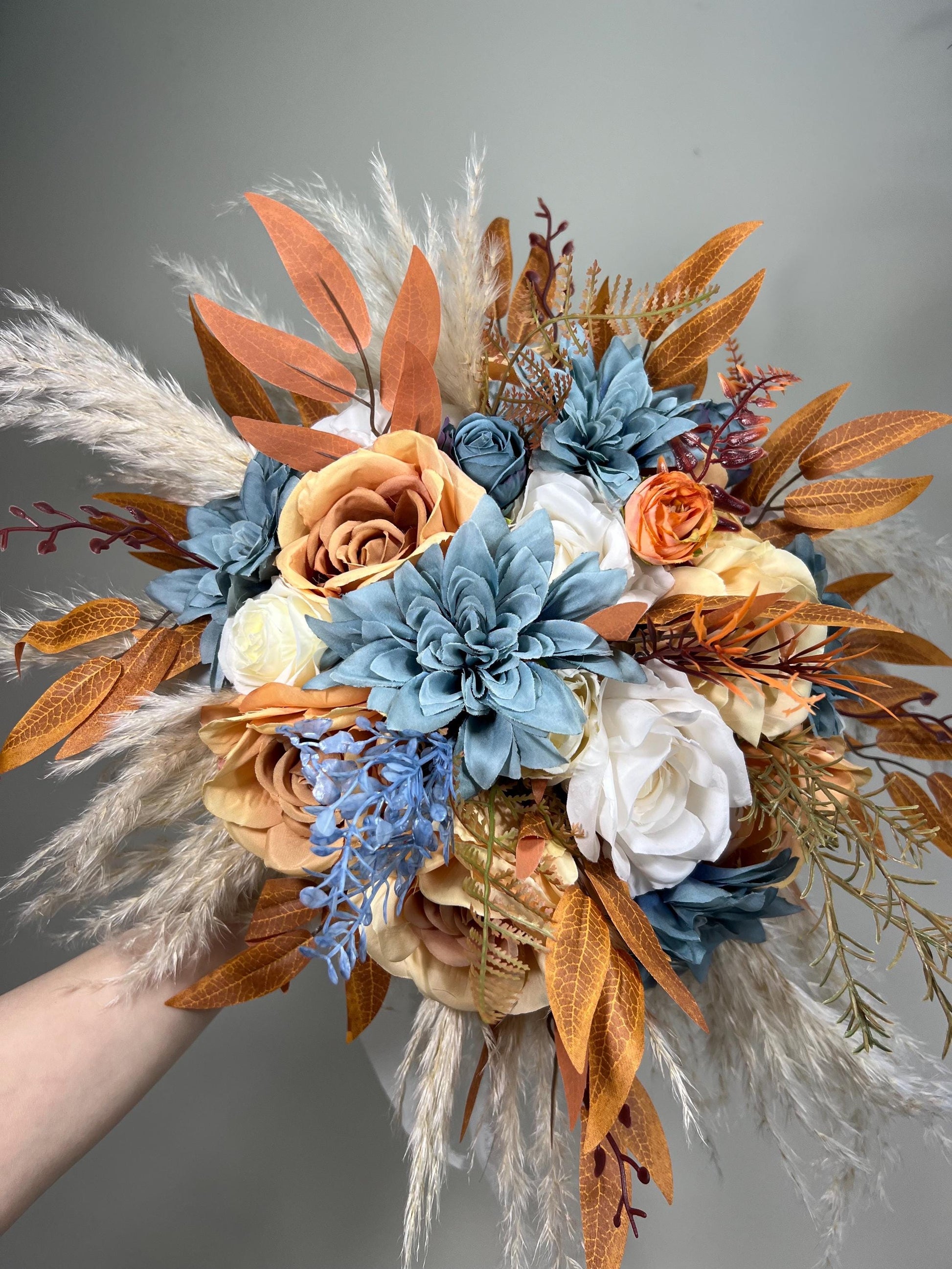 Orange Dusty Blue Bouquet Wedding Boho Terracotta Dusty Blue Bridal Bouquet Burnt Orange Blue Bridesmaids Bouquet Rust Pampas Grass