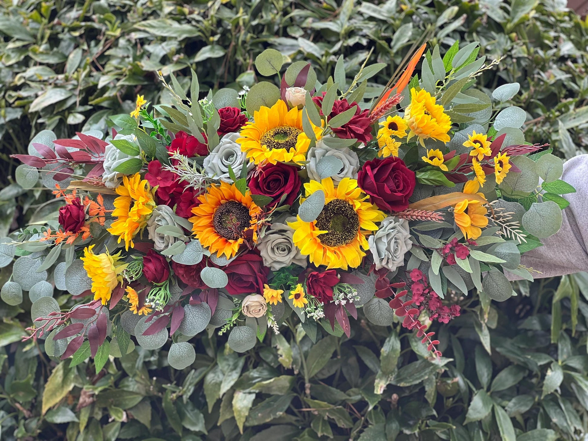 Sunflower Arch Arrangement Boho Sunflower Burgundy Arbor Arrangement Sunflower Sage Green Arch Arrangement Maroon Sunflower Decor Greenery