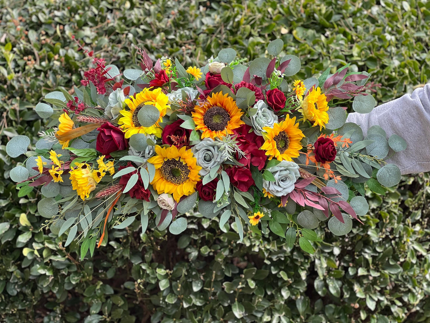 Sunflower Arch Arrangement Boho Sunflower Burgundy Arbor Arrangement Sunflower Sage Green Arch Arrangement Maroon Sunflower Decor Greenery