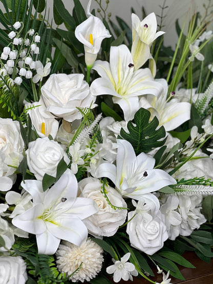 White Wedding Altar Flower Arrangement, Church Ceremony Pulpit Flowers, White Lily Chapel Floral Decor Centerpiece Reddit