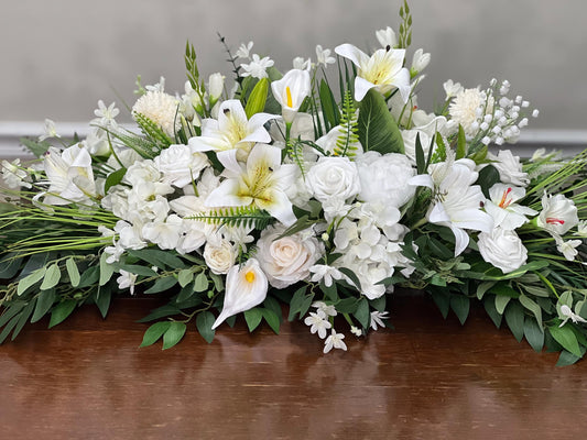 White Wedding Altar Flower Arrangement, Church Ceremony Pulpit Flowers, White Lily Chapel Floral Decor Centerpiece Reddit