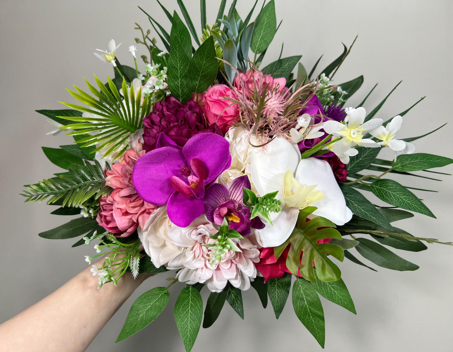 Wedding Bouquet Tropical Fuchsia Orchid Bridesmaids Bouquet Hot Pink Fuchsia Flower Viva Magenta Artificial Flower Faux Pink Tropical White