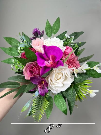 Tropical Bouquet Wedding Fuchsia Orchid Bridesmaids Bouquet Hot Pink Purple Cascade Bouquet Beach White Viva Magenta Artificial Flowrr