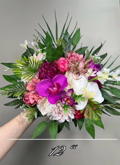 Tropical Bouquet Wedding Fuchsia Orchid Bridesmaids Bouquet Hot Pink Purple Cascade Bouquet Beach White Viva Magenta Artificial Flower