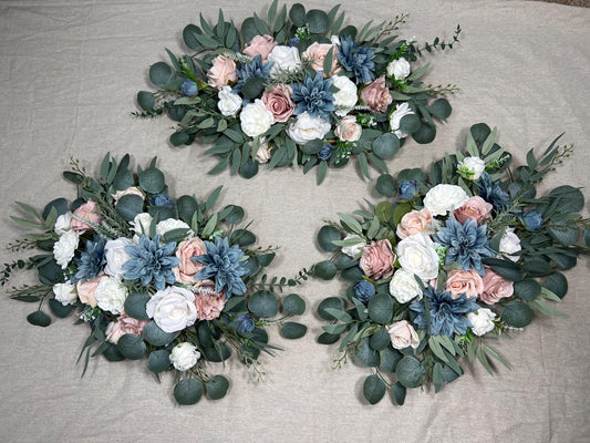 Dusty Blue White Arch Arrangements Wedding Pink Dusty Blue Arbor Arrangement Blush Blue Ivory Wall Decor Pink Blue Swag Arch Arrangements