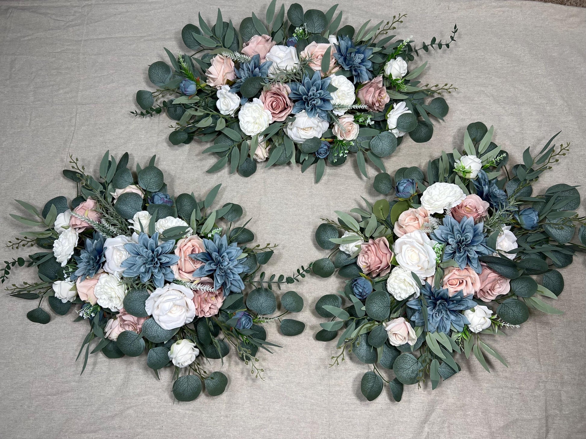 Dusty Blue White Arch Arrangements Wedding Pink Dusty Blue Arbor Arrangement Blush Blue Ivory Wall Decor Pink Blue Swag Arch Arrangements