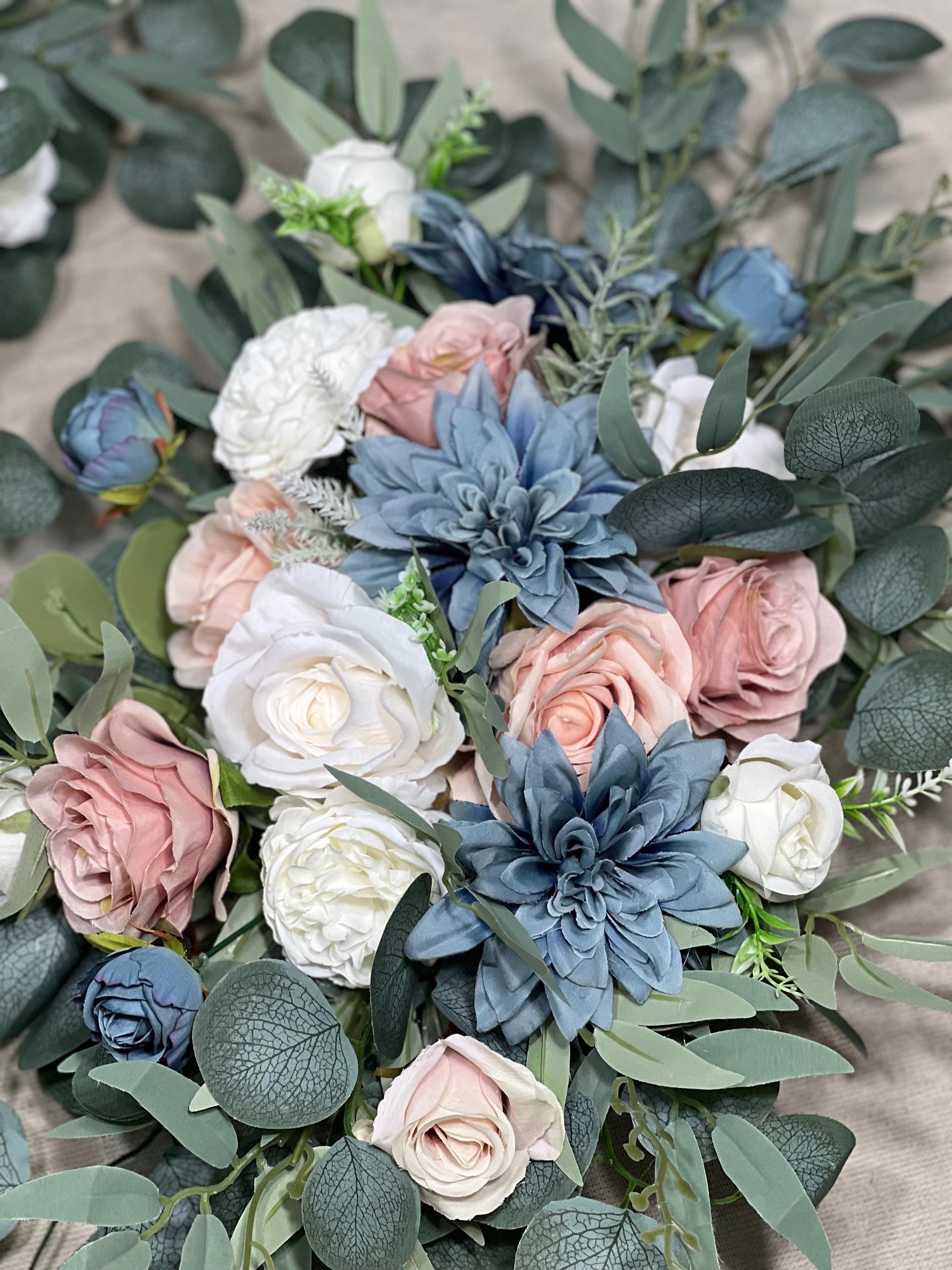 Dusty Blue White Arch Arrangements Wedding Pink Dusty Blue Arbor Arrangement Blush Blue Ivory Wall Decor Pink Blue Swag Arch Arrangements