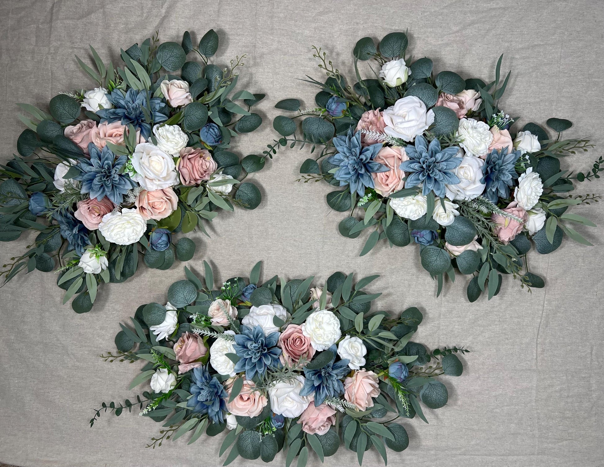 Dusty Blue White Arch Arrangements Wedding Pink Dusty Blue Arbor Arrangement Blush Blue Ivory Wall Decor Pink Blue Swag Arch Arrangements