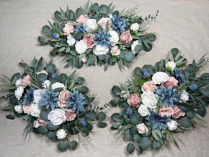 Dusty Blue White Arch Arrangements Wedding Pink Dusty Blue Arbor Arrangement Blush Blue Ivory Wall Decor Pink Blue Swag Arch Arrangements