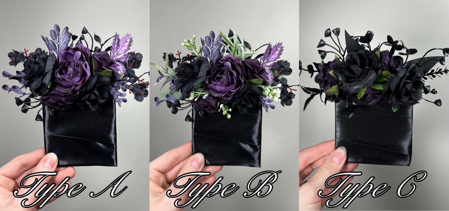 Black Pocket Boutonniere Wedding Groom Boutonnière Black Dark Purple Square Groomsmen Pocket Boutonniere Black Plum Gothic Boutonniere