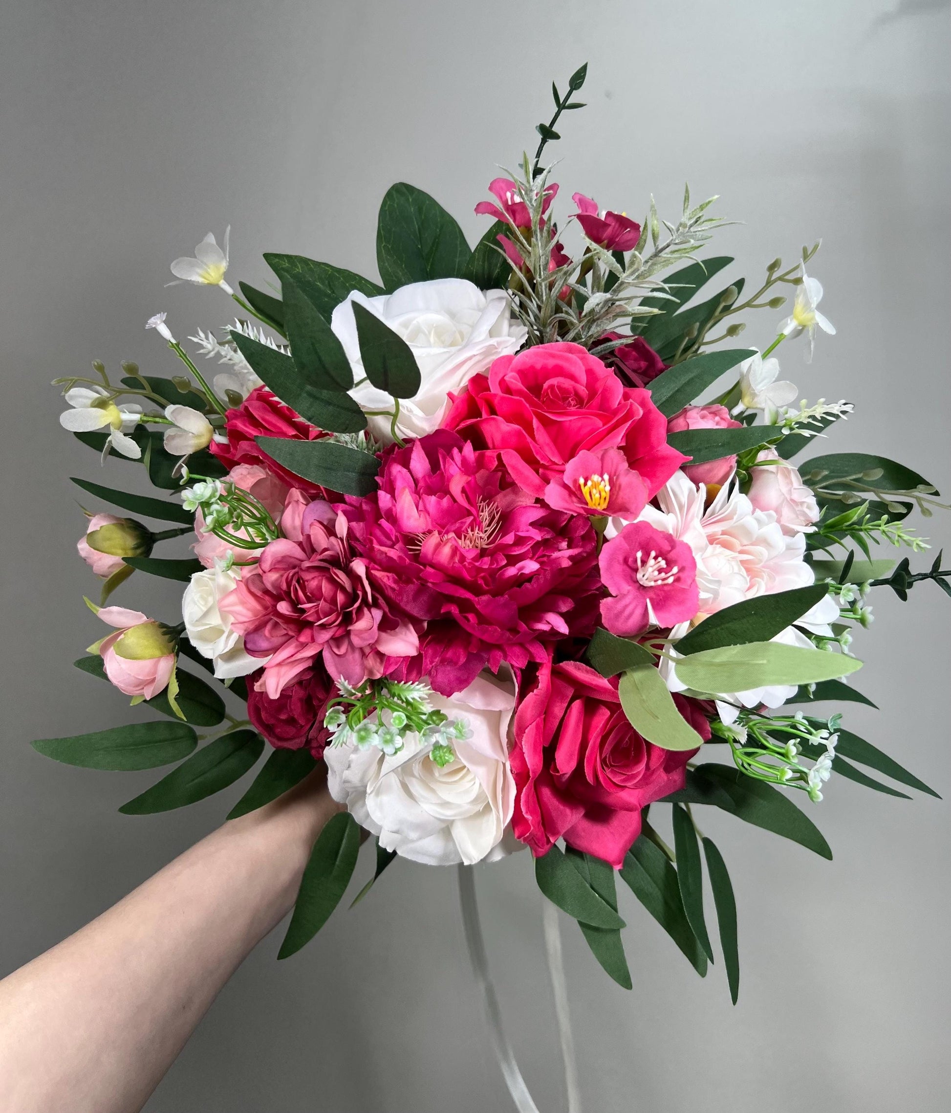 Wedding Fuchsia Bouquet Bridal Magenta Bridesmaids Bouquet Hot Pink Peony Deep Pink Neon Pink Bouquet White Artificial Flower Wild