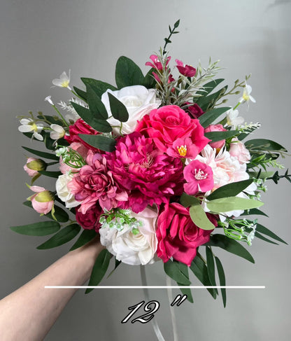 Wedding Fuchsia Bouquet Bridal Viva Magenta Bridesmaids Bouquet Hot Pink Peony Deep Pink Neon Pink Bouquet White Artificial Flower Wild