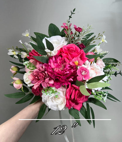 Hot Pink Bouquet Wedding Bridal Fuchsia Bouquet Bridesmaids Hot Pink Peony Deep Pink Neon Bouquet White Artificial Flower Wild Flower Summer