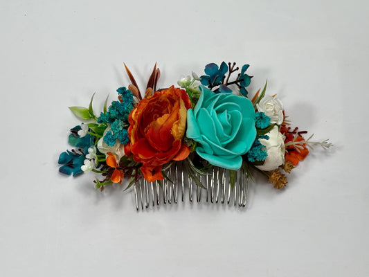Teal Orange Flower Comb Wedding Teal Burnt Orange Head Piece Hair Comb Turquoise Terracotta Wedding Teal Blue Hair Accessories Hair Comb