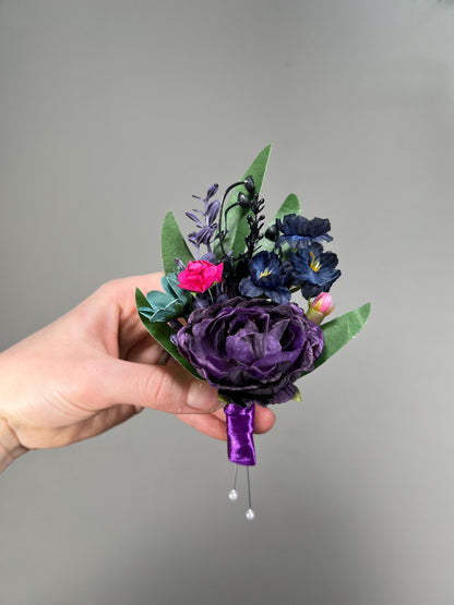 Jewel Tone Boutonniere Wedding Dark Purple Boutonnière Teal Groomsmen Boutonniere Plum Fuchsia Boutonnière Navy Blue Purple Boutonniere