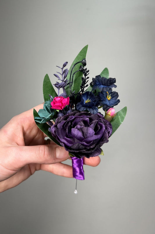 Jewel Tone Boutonniere Wedding Dark Purple Boutonnière Teal Groomsmen Boutonniere Plum Fuchsia Boutonnière Navy Blue Purple Boutonniere