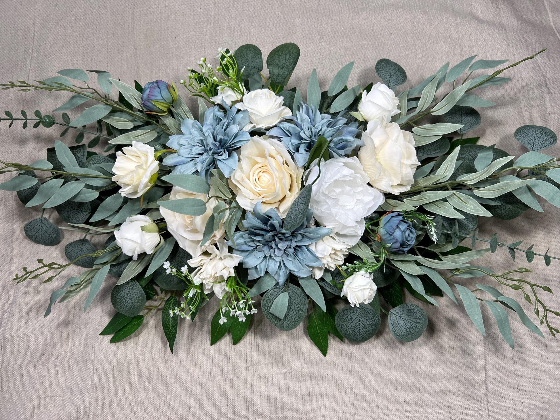 Dusty Blue Arch Arrangements Wedding Blue White Arbor Arrangement Dusty Blue Ivory Wall Decor Dahlia Blue White Swag Arch Arrangements