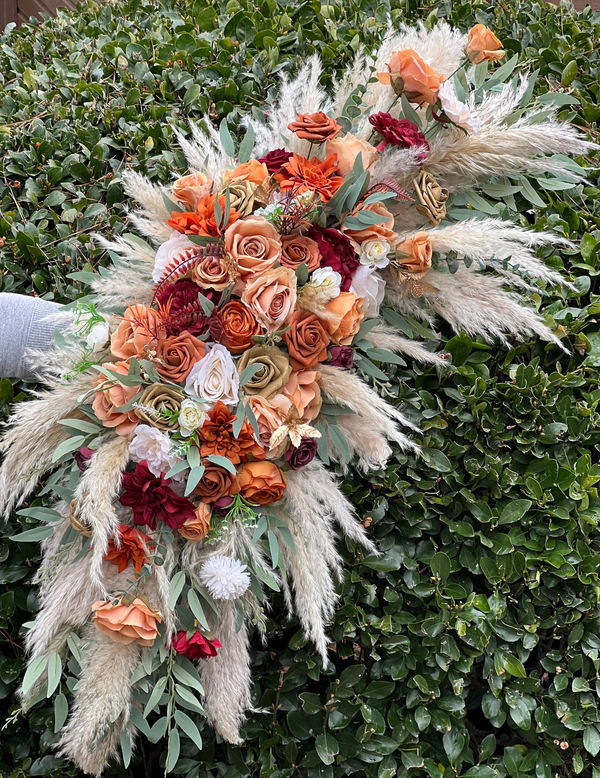 Terracotta Arch Arrangement Wedding Boho Burnt Orange Arrangement Burgundy Pampas Grass Arbor Arrangement Rust White Wall Decor Eucalyptus