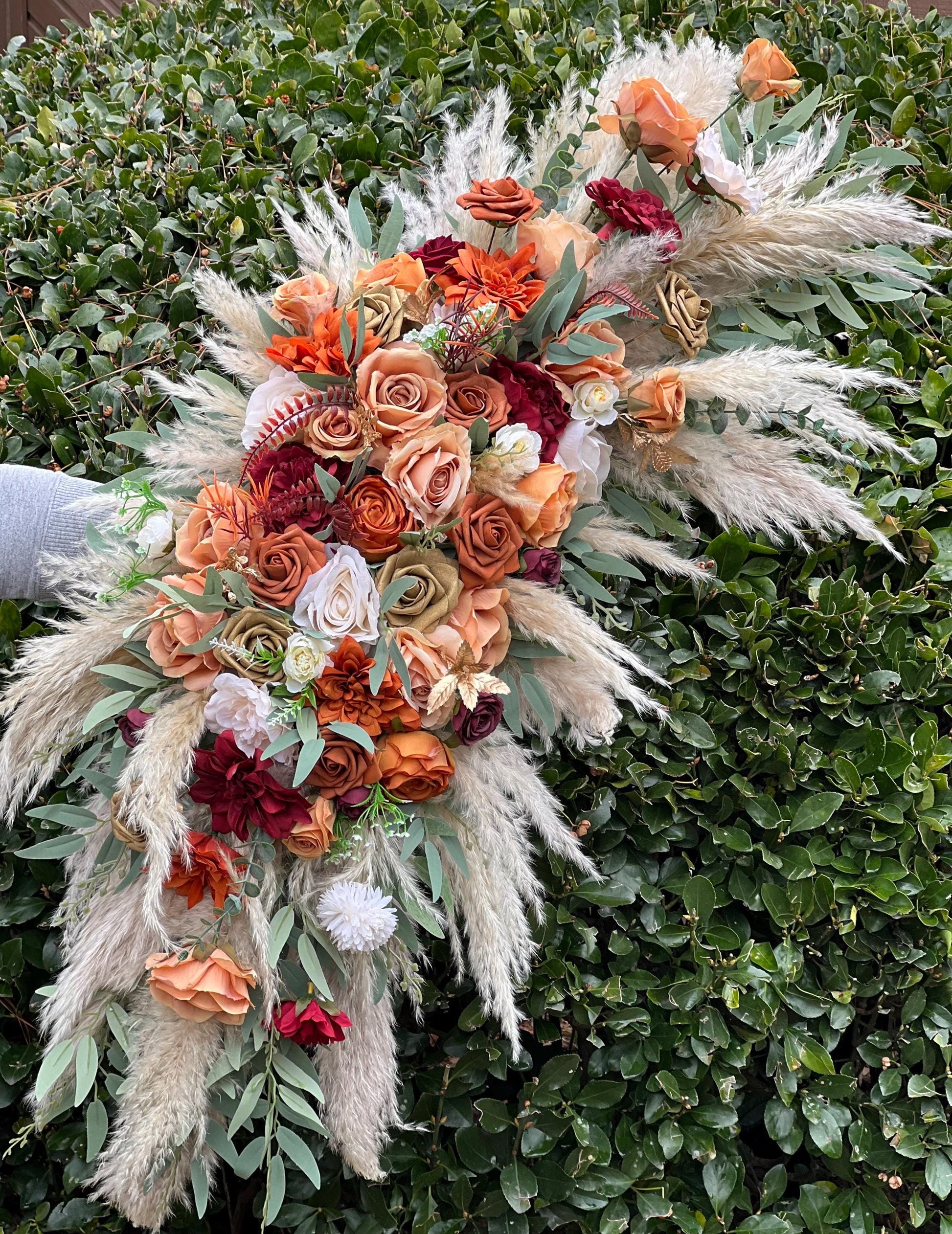 Terracotta Arch Arrangement Wedding Boho Burnt Orange Curved Arrangement Burgundy Pampas Grass Arbor Arrangement Rust White Gold Wedding
