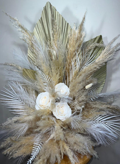 Wedding Aisle Marker Flower Floor Arrangement Barrel Décor Boho White Ivory Pampas Grass Palm Leaves