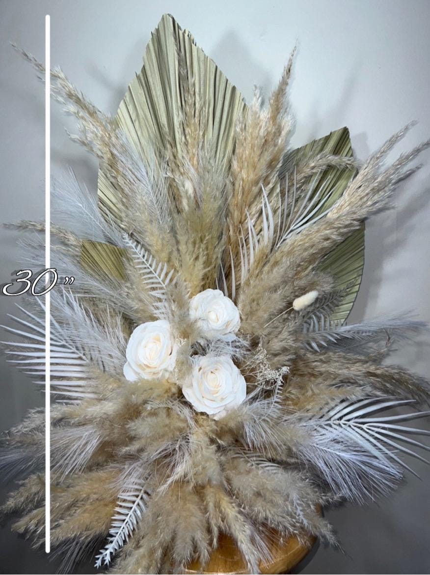 Wedding Aisle Marker Flower Floor Arrangement Barrel Décor Boho White Ivory Pampas Grass Palm Leaves