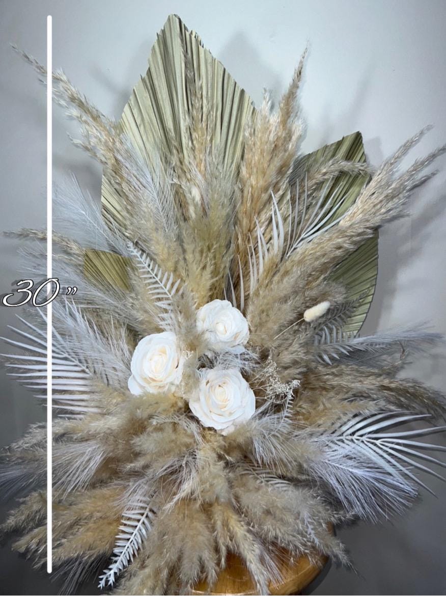 Wedding Aisle Marker Flower Floor Arrangement Barrel Décor Boho White Ivory Pampas Grass Palm Leaves
