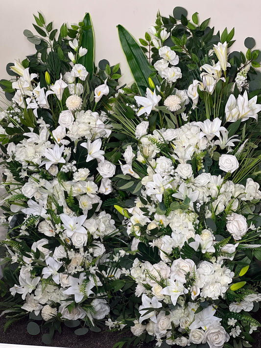 Wedding Aisle Marker Flower Floor Arrangement Whiskey Barrel Décor White Ground Arch White Lilies