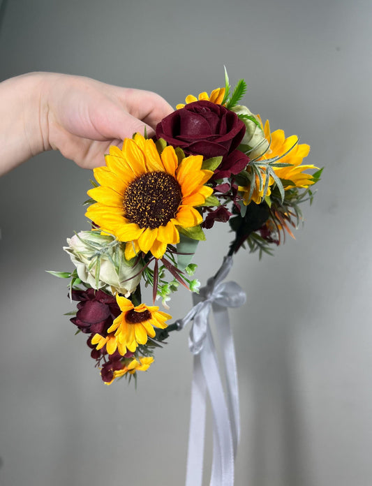 Sunflower Flower Crown Wedding Crown Burgundy Floral Headband Flower Sunflowers Burgundy Sage Green Crown Sunflower Flower Wreath Crown
