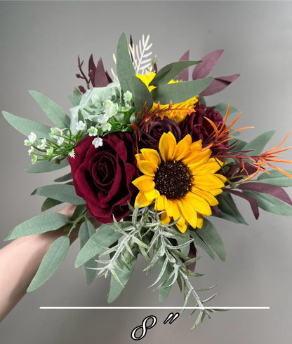 Sunflower Bouquet Wedding Bridal Boho Sunflower Burgundy Bouquet Sage Burgundy Sunflower Bridesmaids Bouquet Sage Green Artiricial Flower