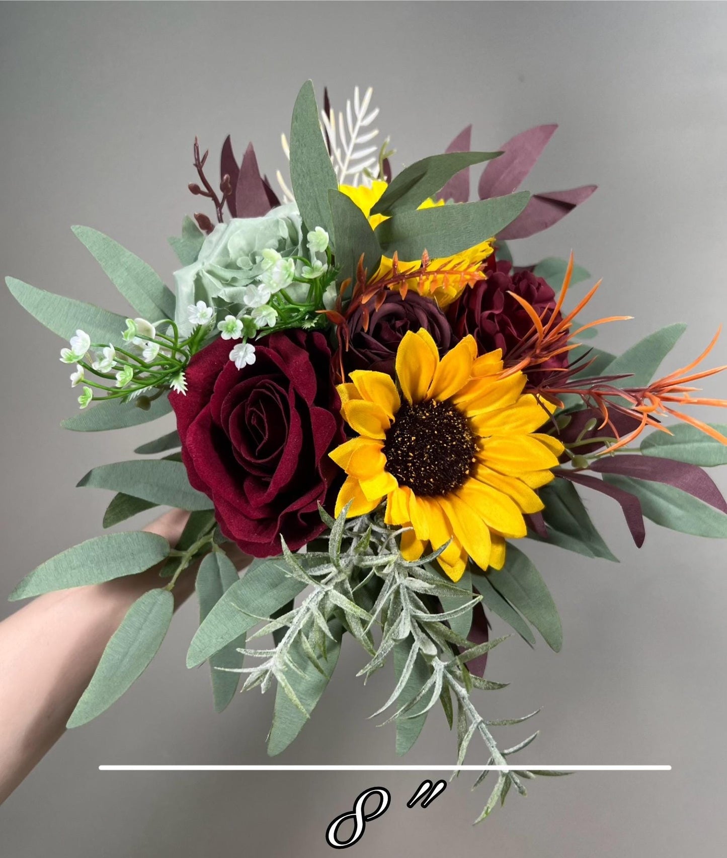 Sunflower Bouquet Wedding Bridal Boho Sunflower Cascade Bouquet Sage Burgundy Sunflower Bridesmaids Bouquet Sage Green Artiricial Flower