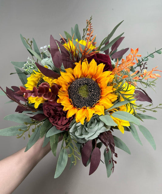 Sunflower Bouquet Wedding Bridal Boho Sunflower Burgundy Bouquet Sage Burgundy Sunflower Bridesmaids Bouquet Sage Green Artiricial Flower