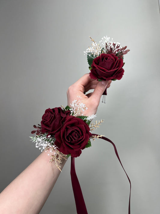 Burgundy Corsage Wedding Wrist Corsage Burgundy Rose Corsage Gold Bridesmaids Baby Breath Corsage Wine Red Prom Maroon Rose Artificial