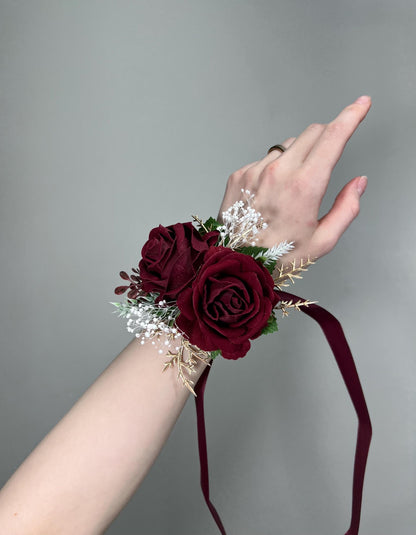 Burgundy Corsage Wedding Wrist Corsage Burgundy Rose Corsage Gold Bridesmaids Baby Breath Corsage Wine Red Prom Maroon Rose Artificial