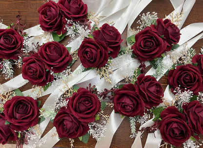 Burgundy Corsage Wedding Wrist Corsage Burgundy Rose Corsage Gold Bridesmaids Baby Breath Corsage Wine Red Prom Maroon Rose Artificial