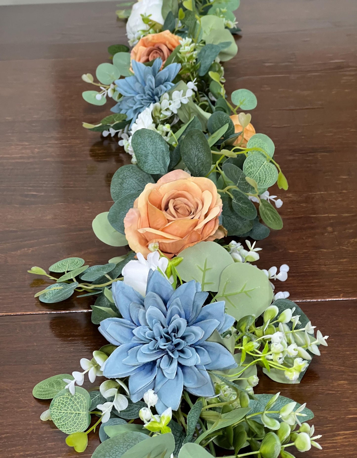 Blue Orange Garland Wedding Table Runner Dusty Blue Burnt Orange Aisle Arrangement Arch Eucalyptus Dusty Blue White Terracotta Table Runner