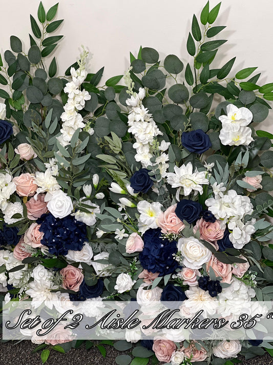 Wedding Aisle Marker Flower Floor Arrangement Whiskey Barrel Décor Dusty Rose Navy Blue White Ground Arch Blush Dark Blue