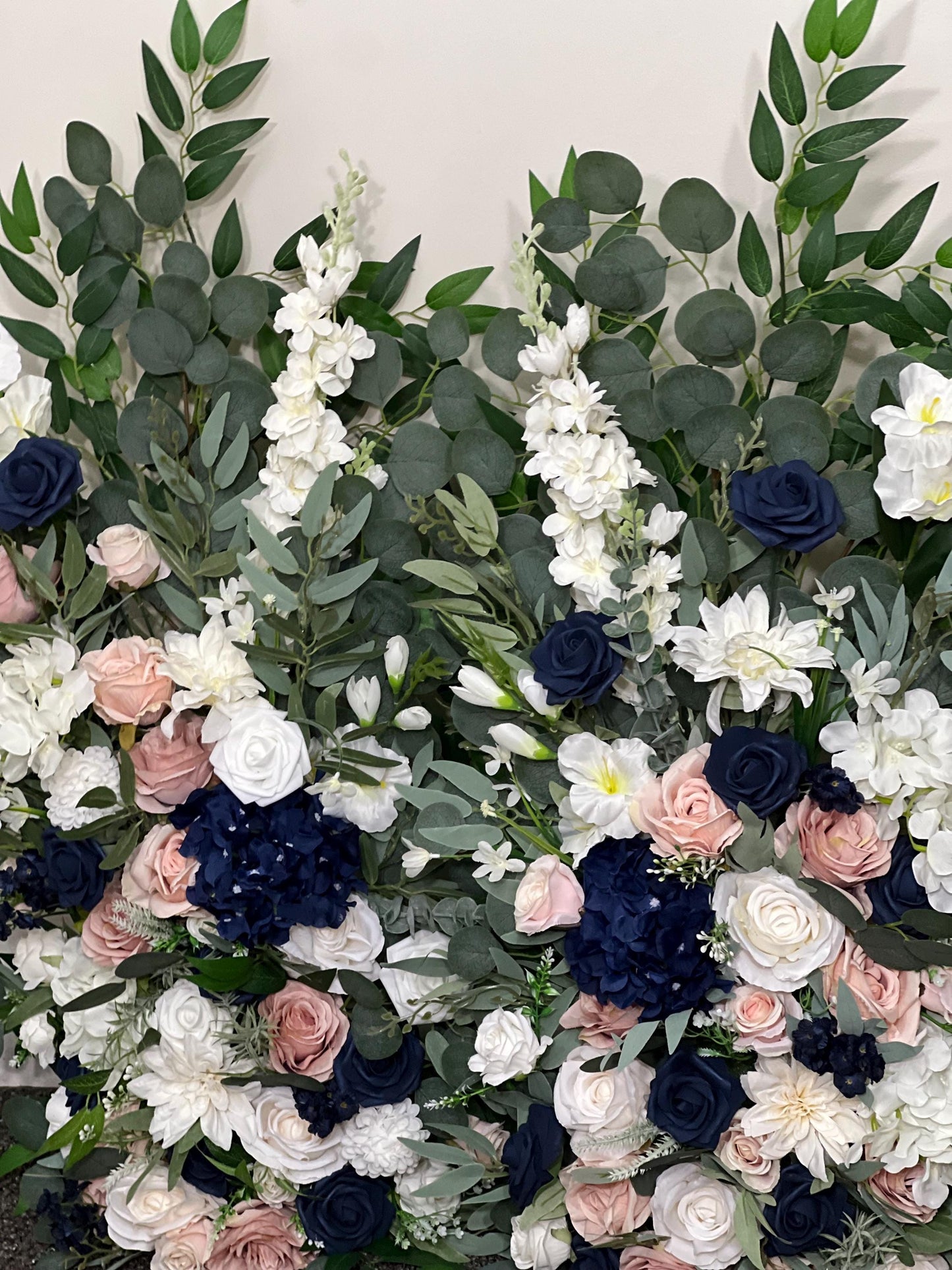 Wedding Aisle Marker Flower Floor Arrangement Whiskey Barrel Décor Dusty Rose Navy Blue White Ground Arch Blush Dark Blue