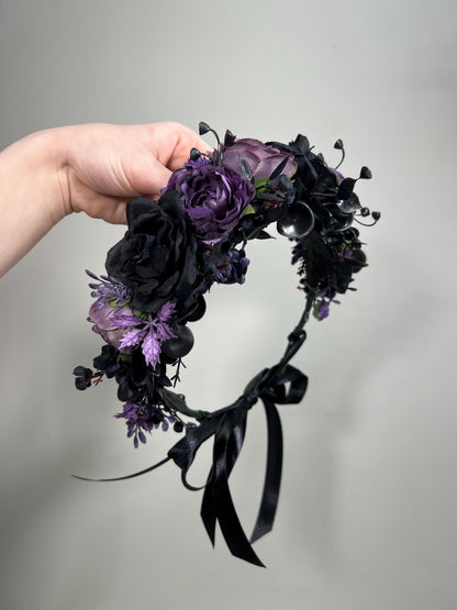 Black Purple Flower Crown Black Wedding Crown Gothic Floral Headband Black Flower Adult Crown Flower Girl Wreath Plum Black Crown Hair