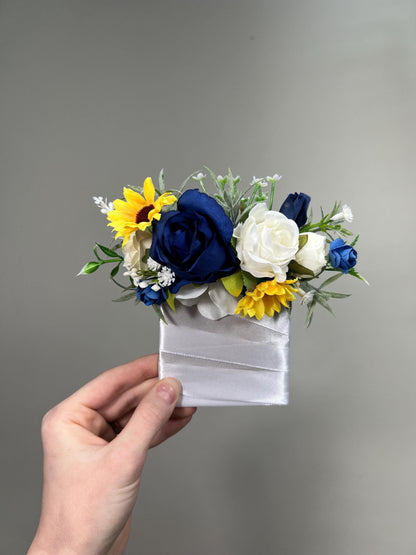 Sunflower Navy Blue Pocket Boutonniere Wedding Sunflowers Navy Blue Square Boutonniere Yellow Sunflowers White Pocket Boutonniere Artificial