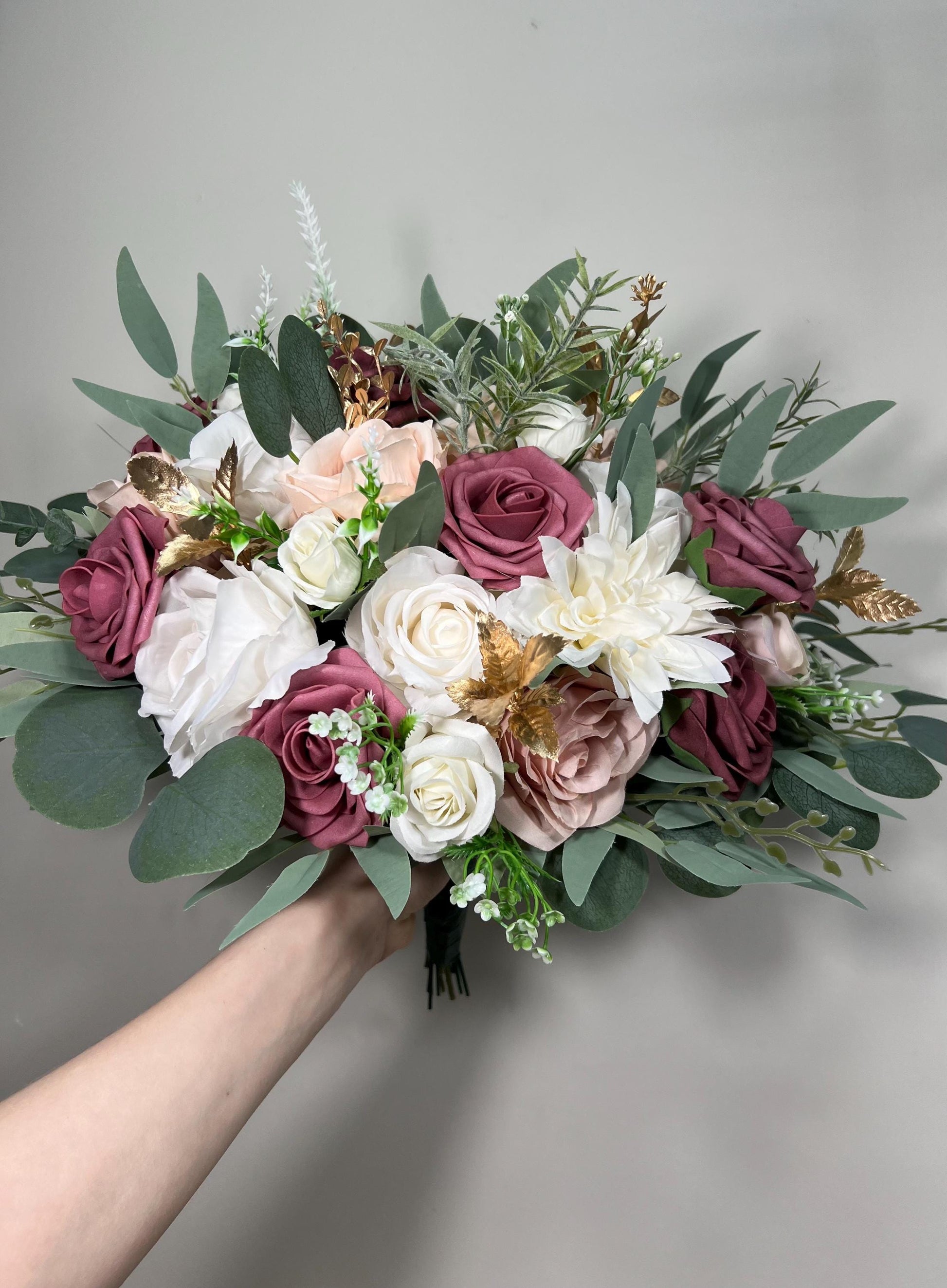 Mauve Bouquet Wedding Bridal White Mauve Bouquet Dusty Lilac White Bouquet Bridesmaids Mauve Rose Gold Bouquet Eucalyptus Artificial Flowers