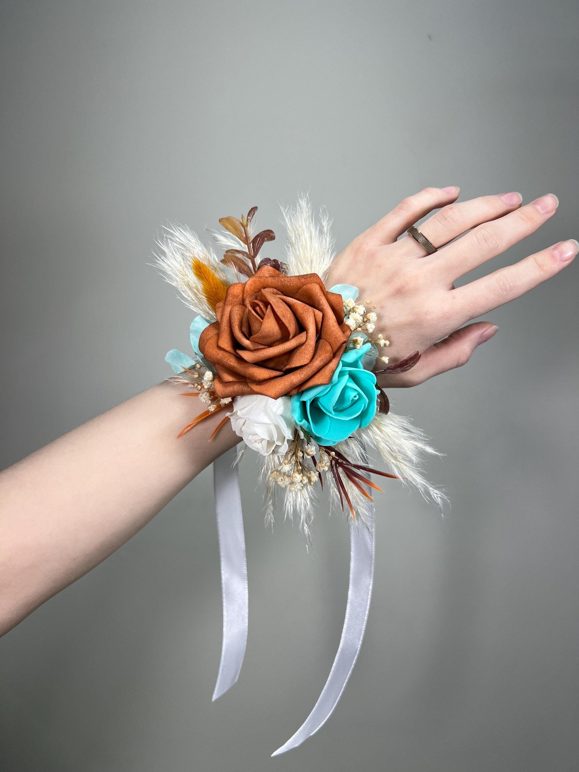 Turquoise Orange Corsage Wedding Burnt Orange Teal Corsage Boho Rust Turquoise Wrist Corsage Mom Terracotta Turquoise Corsage Teal Blue Aqua